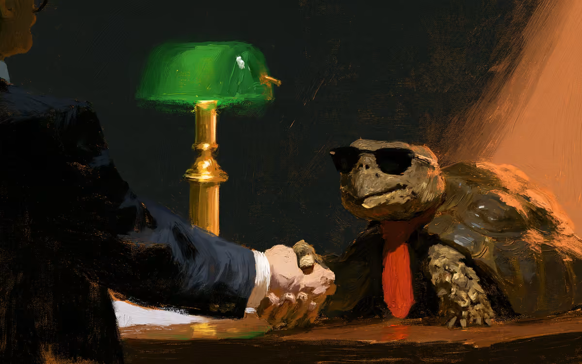 Painted tortoise in sunglasses and a red necktie shaking hands across a desk