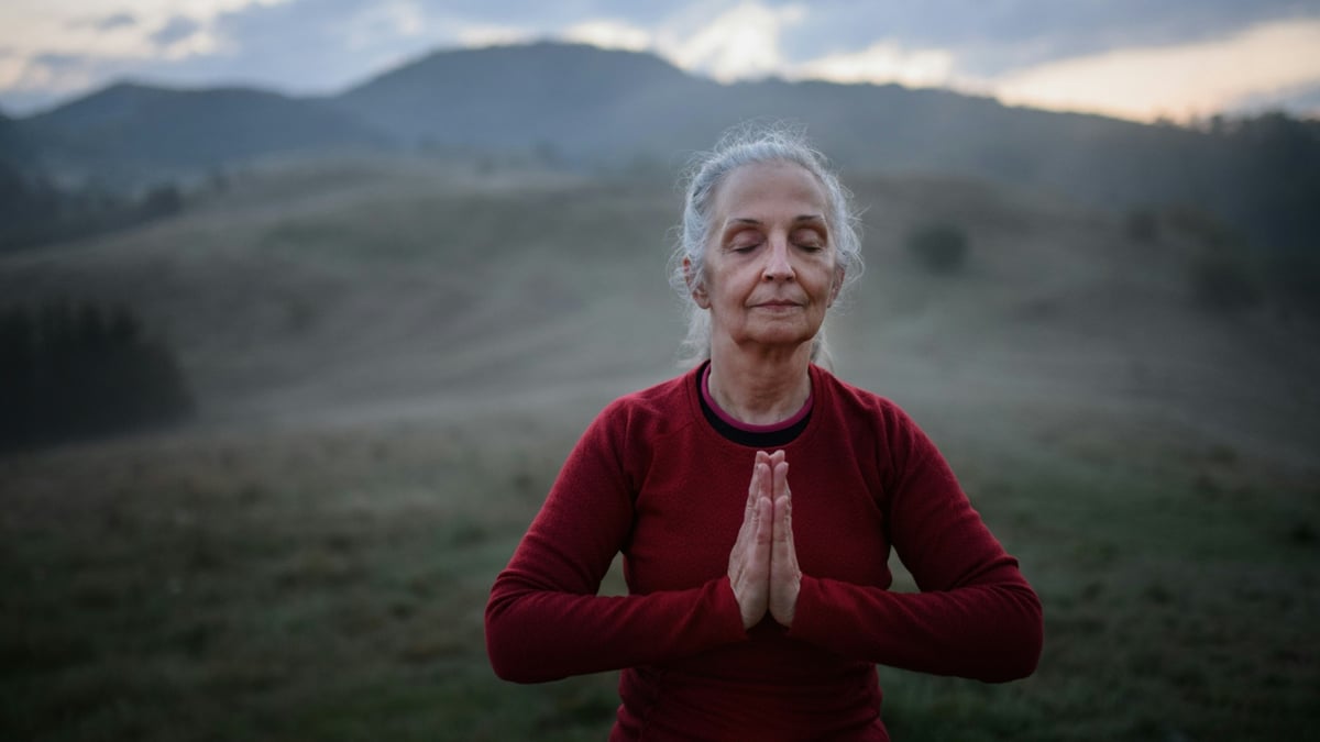 Older woman standing outdoors at dawn, hands in prayer pose at her chest, practicing slow breathing to stimulate and regulate the vagus nerve.