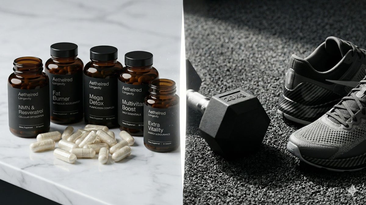 Ein Regal voller bunter Supplement-Fläschchen neben einem schlichten Paar Laufschuhe und einem Kissen. Der Kontrast zwischen Supplement-Hype und evidenzbasierten Longevity-Maßnahmen wie Bewegung und Schlaf.