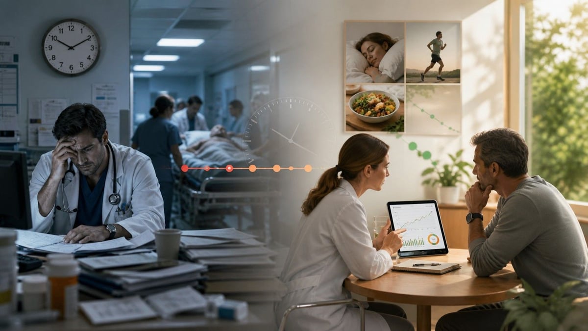 Links: Altes mediyinisches System, mit überfordertem Arzt. Rechts: Neues System, mit glücklicher Ärztin