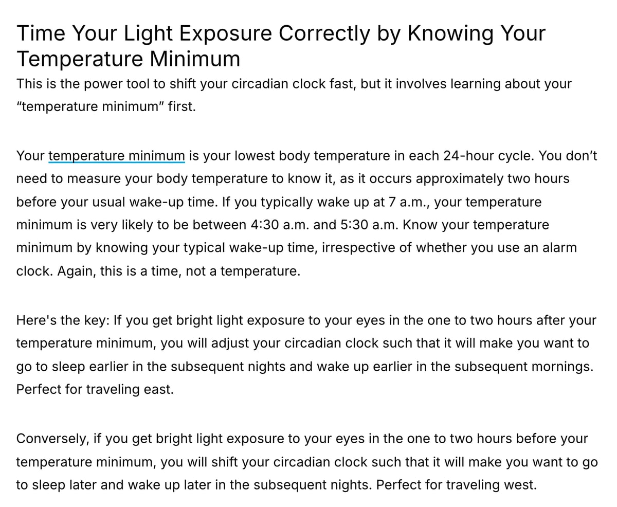 Screenshot of the Huberman Lab newsletter section about timing light exposure by the temperature minimum