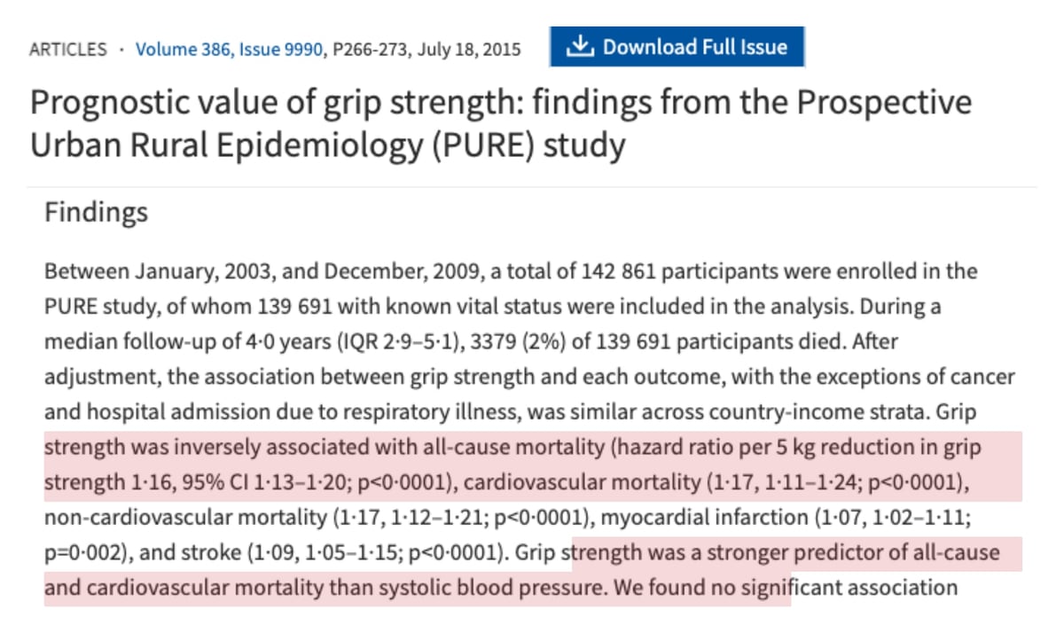 Screenshot of the PURE study abstract page on The Lancet website: Prognostic value of grip strength