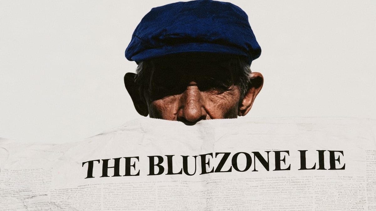 An old man in a blue flat cap peers over a newspaper whose headline reads The Bluezone Lie.
