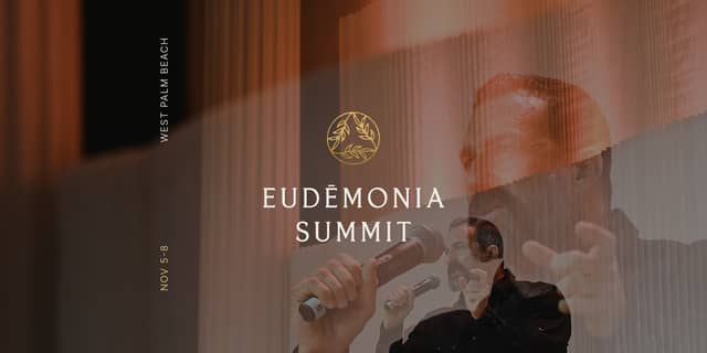 Eudēmonia Summit key visual: a speaker on stage with a microphone, the summit logo and the dates 5 to 8 November in West Palm Beach.