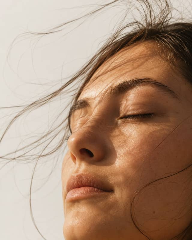 Woman with closed eyes in warm sunlight, hair in the wind, illustrating prevention and longevity with NOA Health