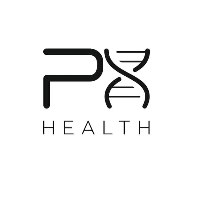 PX Health logo: a black P joined to a DNA double helix above the word Health