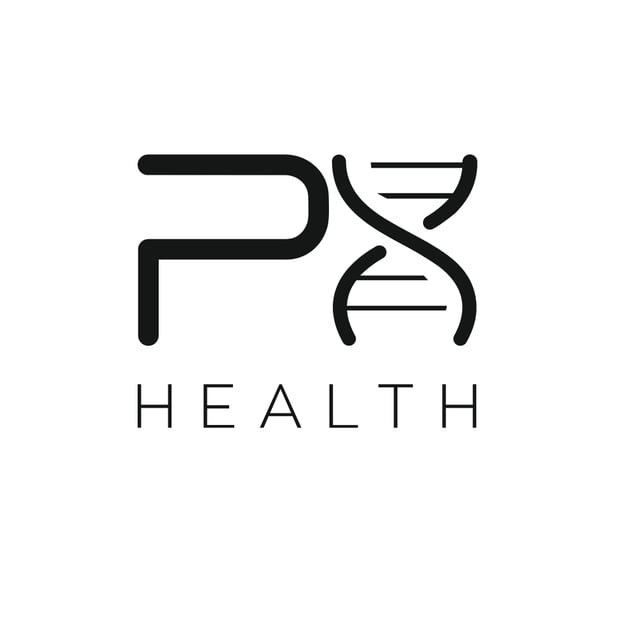 PX Health logo: a black P joined to a DNA double helix above the word Health